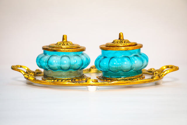 Antique-Style Twin Acrylic Jar Set with Tray – Blue & Gold Finish