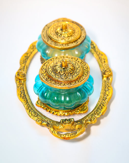 Antique-Style Twin Acrylic Jar Set with Tray – Blue & Gold Finish