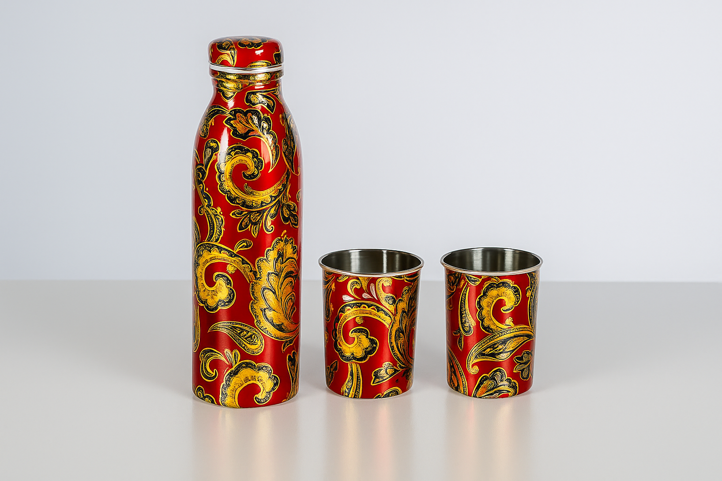 Handcrafted Copper Bottle & Tumbler Set – 5 Pieces (Traditional Meenakari Art)