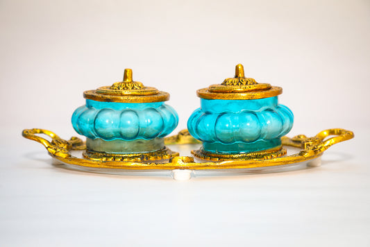 Antique-Style Twin Acrylic Jar Set with Tray – Blue & Gold Finish