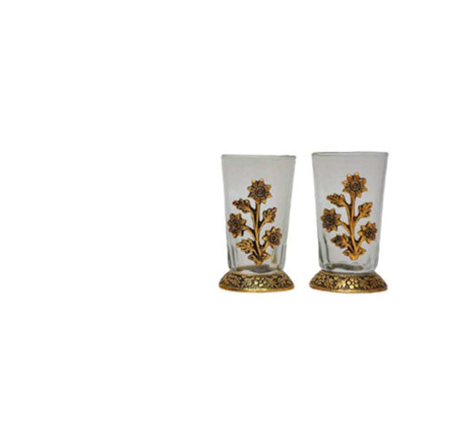 Decorative Glass Tumbler Set with Floral Brass Embellishment
