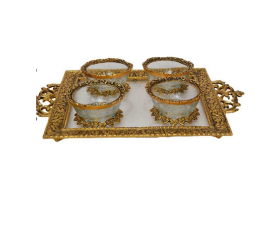 Antique Finish Glass Bowl Set with Decorative Serving Tray (Set of 4 Bowls)