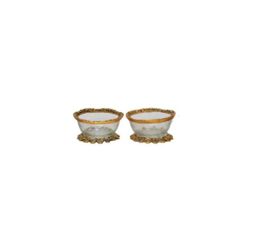 Designer Glass Bowl Set with Ornate Brass Detailing (Set of 2)