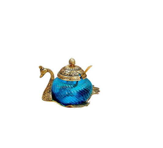 Peacock-Inspired Blue Glass Jar with Spoon and Ornate Lid