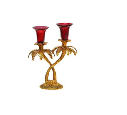 Double Palm Tree Candle Holder with Red Glass Cups