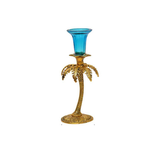 Palm Tree Design Candle Holder with Blue Glass Cup