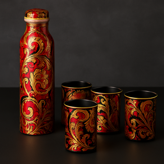 Handcrafted Copper Bottle & Tumbler Set – 5 Pieces (Traditional Meenakari Art)
