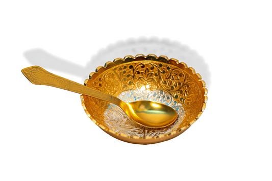 Handcrafted  Bowl with Spoon – Intricate Floral Engraving